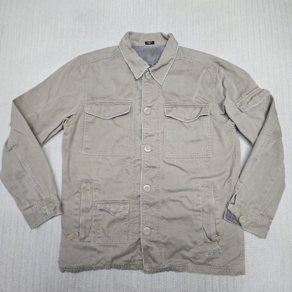 Avirex Canvas Military Jacket Mens Medium Beige Button Front Utility Zip Pockets
